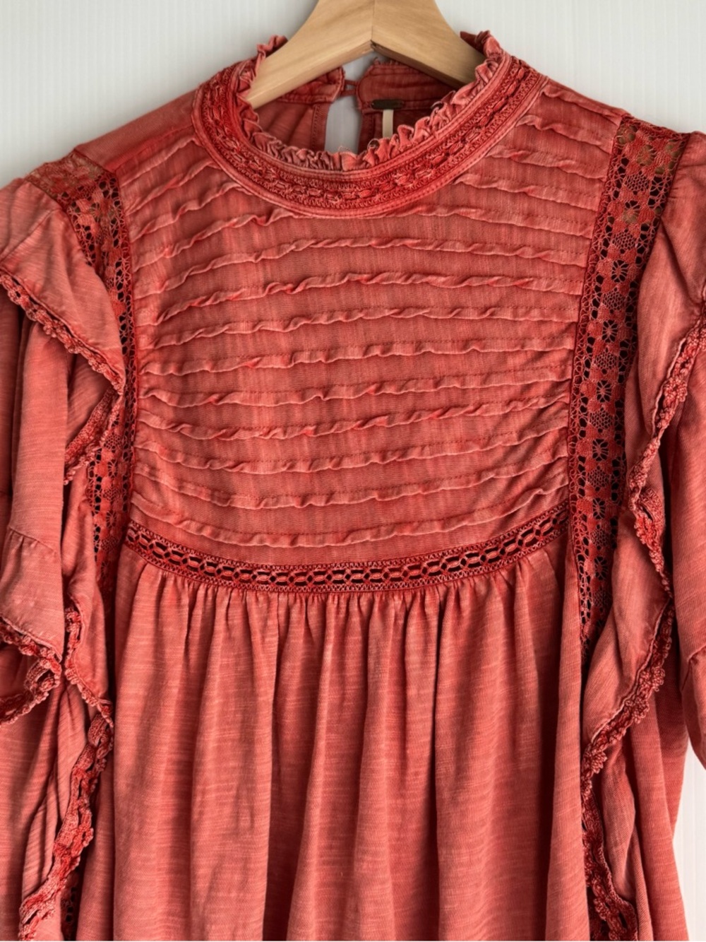 Free People Rust Red Lace Trim Flutter Sleeve Blouse - Picture 4 of 6